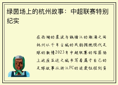 绿茵场上的杭州故事：中超联赛特别纪实